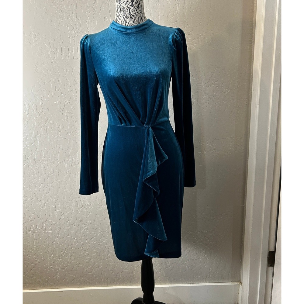 Karl Lagerfeld Paris Velvet Dress Womens Size 4 Teal Ruffle Mock Neck Evening